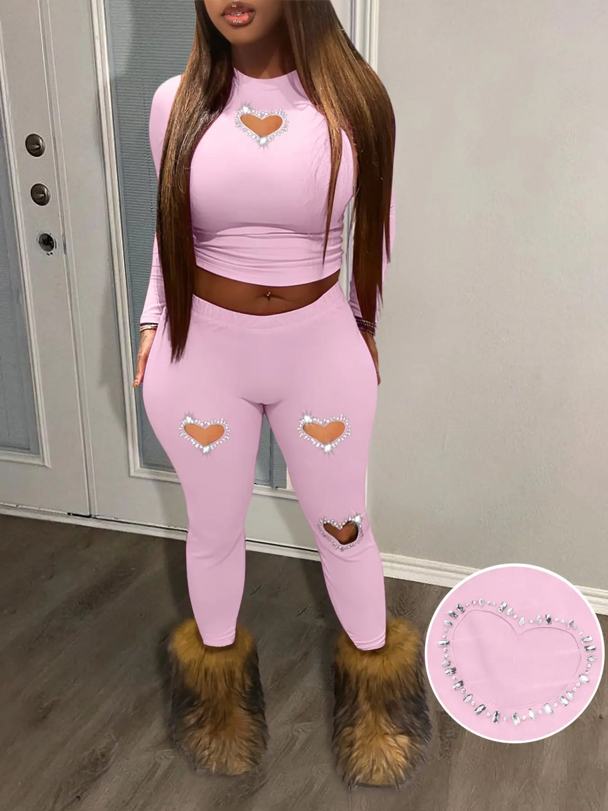 Two-Piece Set Women's Rhinestone Heart Decor Cut Out Crop Top & Skinny Pants Set, Long Sleeve Round Neck Top & Trousers Set for Fall & Winter, Women's Outfit Style for Daily Wear Casual Clothes, Casual Everyday Set