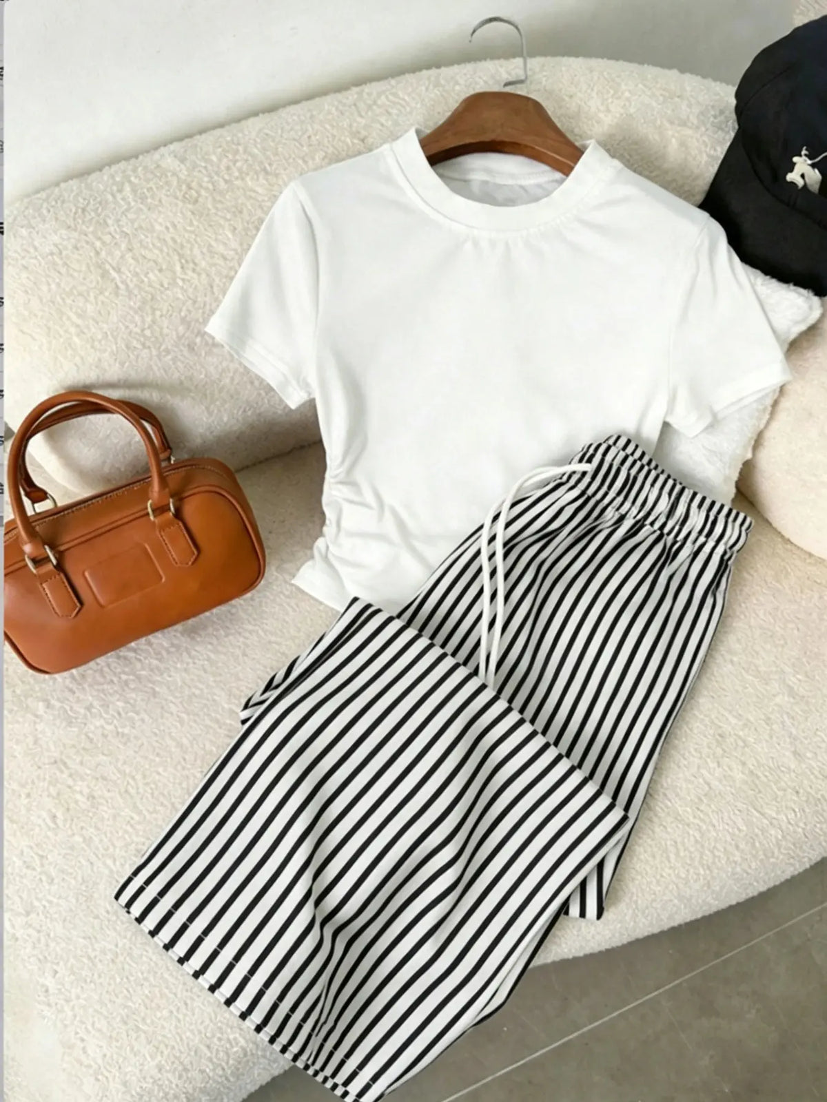 Women's Simple Fashion Fitted T-Shirt & Straight Striped Shorts, Casual Style Womenswear for Outdoor, Home, Hiking, Camping and Travel Stripe Set