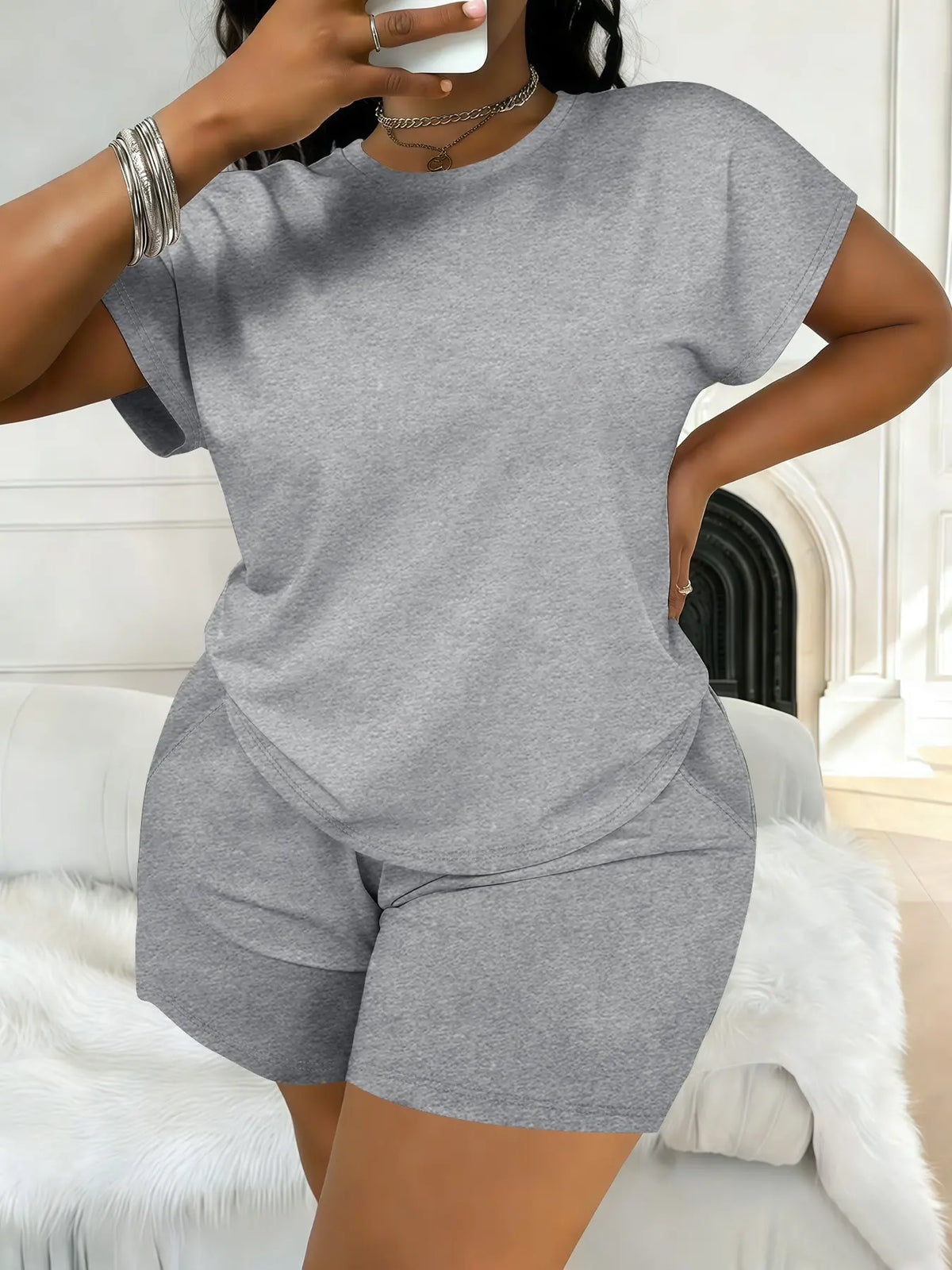 Women's Plus Size Casual Minimalist Plain Short-Sleeve Top and Shorts Set, Spring-Summer Womenswear Clothes with Loose Fit Comfort, All-Season Fashion
