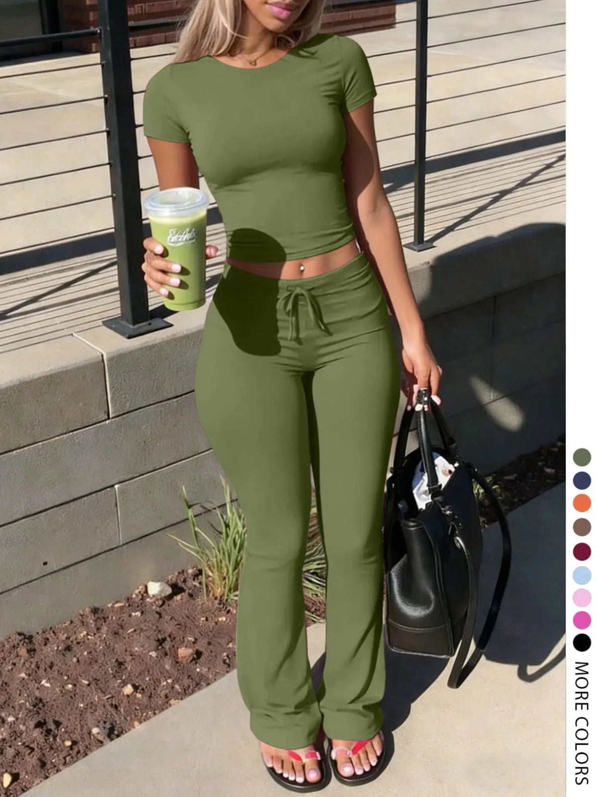 Women's LovelyWholesale Fashion Casual Two-Piece Set, Solid Color Round-Neck Short-Sleeve T-Shirt Top and Drawstring Pants, Spring and Summer Clothing