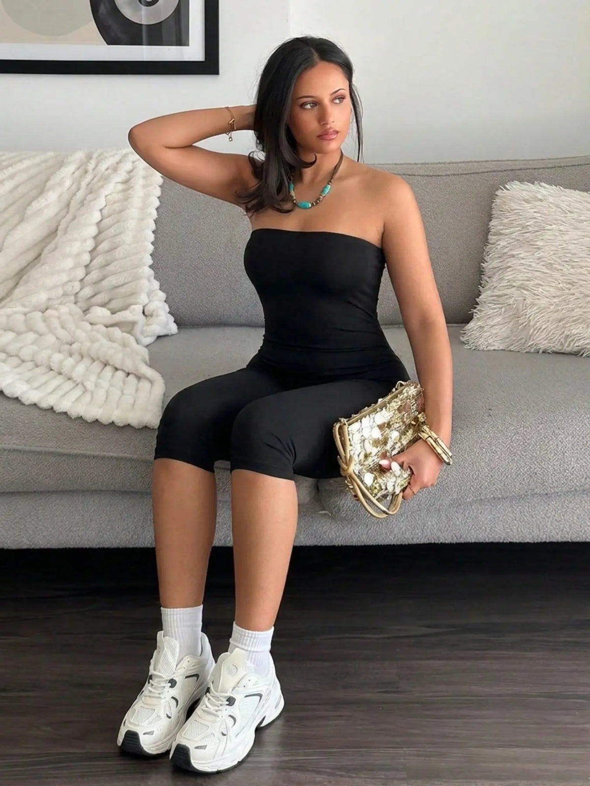 Trendy Sleeveless Tube Top & Seven-Quarter Pants Set, Slip-On Design, Slim-Fitting Knee-Length, Minimalist Streetwear, Versatile for Daily Wear