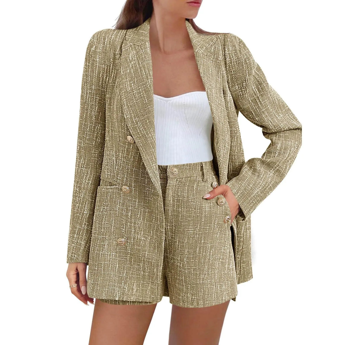 Imily Bela Womens 2 Piece Tweed Blazer Shorts Sets Long Sleeve Double Breasted Suit Jackets Business Outfit Fabric Formal