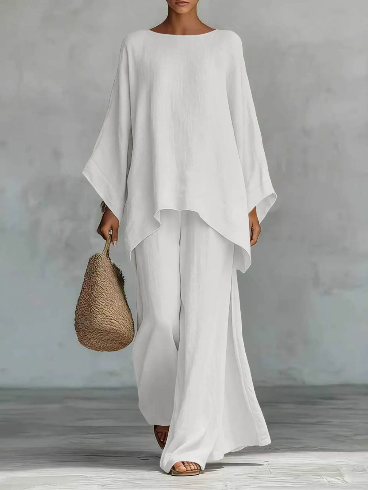 New Women's Simple Solid Loose-Fit Long Sleeve Blouse and Wide-Leg Pants Set, Baggy, Comfortable Casual Outfit, Perfect for Daily Wear, Stylish, Trendy and Elegance Two-Piece Set