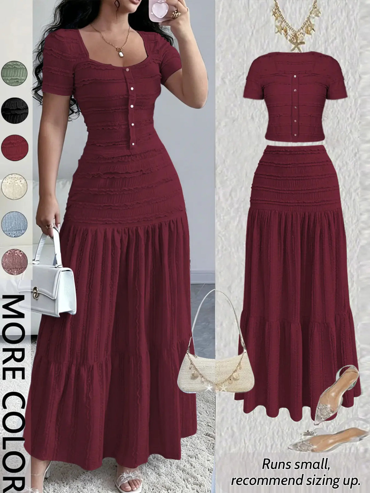 Women's Casual Elegant Chic Short-Sleeve Square-Neck T-Shirt and Half Skirt Set, Cute Spring and Fall Outfit Clothes