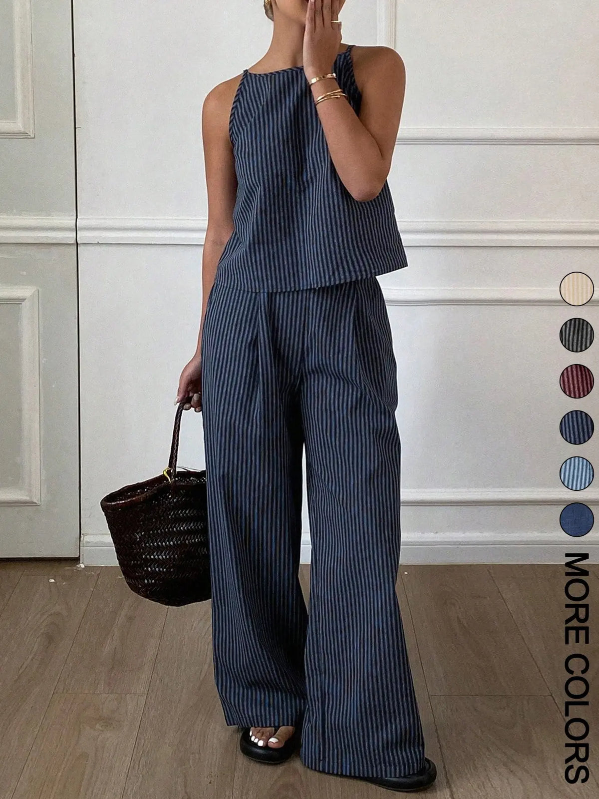 Women's Summer Striped Thin Strap Sleeveless Vest Top & Loose Long Pants Two-Piece Set, matching Outfit, Lightweight Casual Everyday Home Wear, Comfortable and Stylish