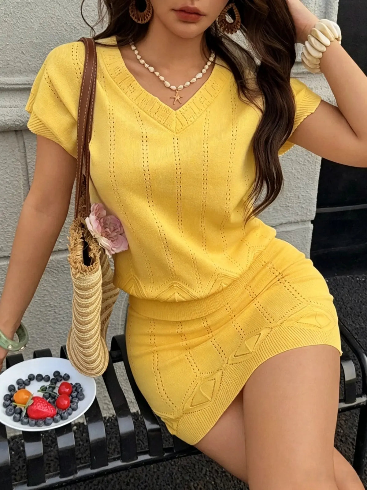 Two-Piece Women's Summer Clothes Set, V-Neck Hollow Out Cutout Top, Short A-Line Skirt, Slim Fit, Casual Elegant Chic Style, Knitwear for Vacation, Shortie Set