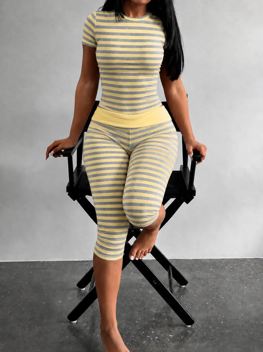 Striped Round Neck Short Sleeve Seven-Eighths Pants Set, Women Style Everyday Casual Slim Fit Crop T-Shirt and Leggings, Shiny Knit Elastic Fabric