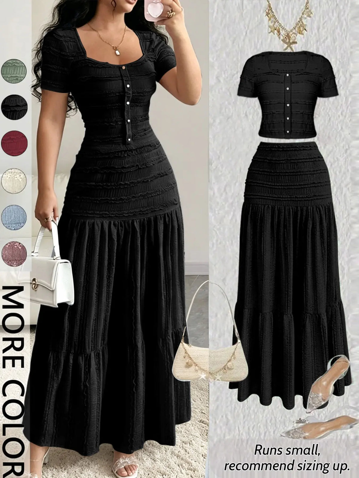 Women's Casual Elegant Chic Short-Sleeve Square-Neck T-Shirt and Half Skirt Set, Cute Spring and Fall Outfit Clothes