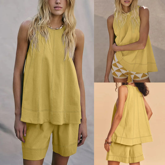 UANEO Womens 2 Piece Outfits Sleeveless Matching Sets A Line Tank Tops Contrast Stitching High Waist Shorts with Pockets Summer