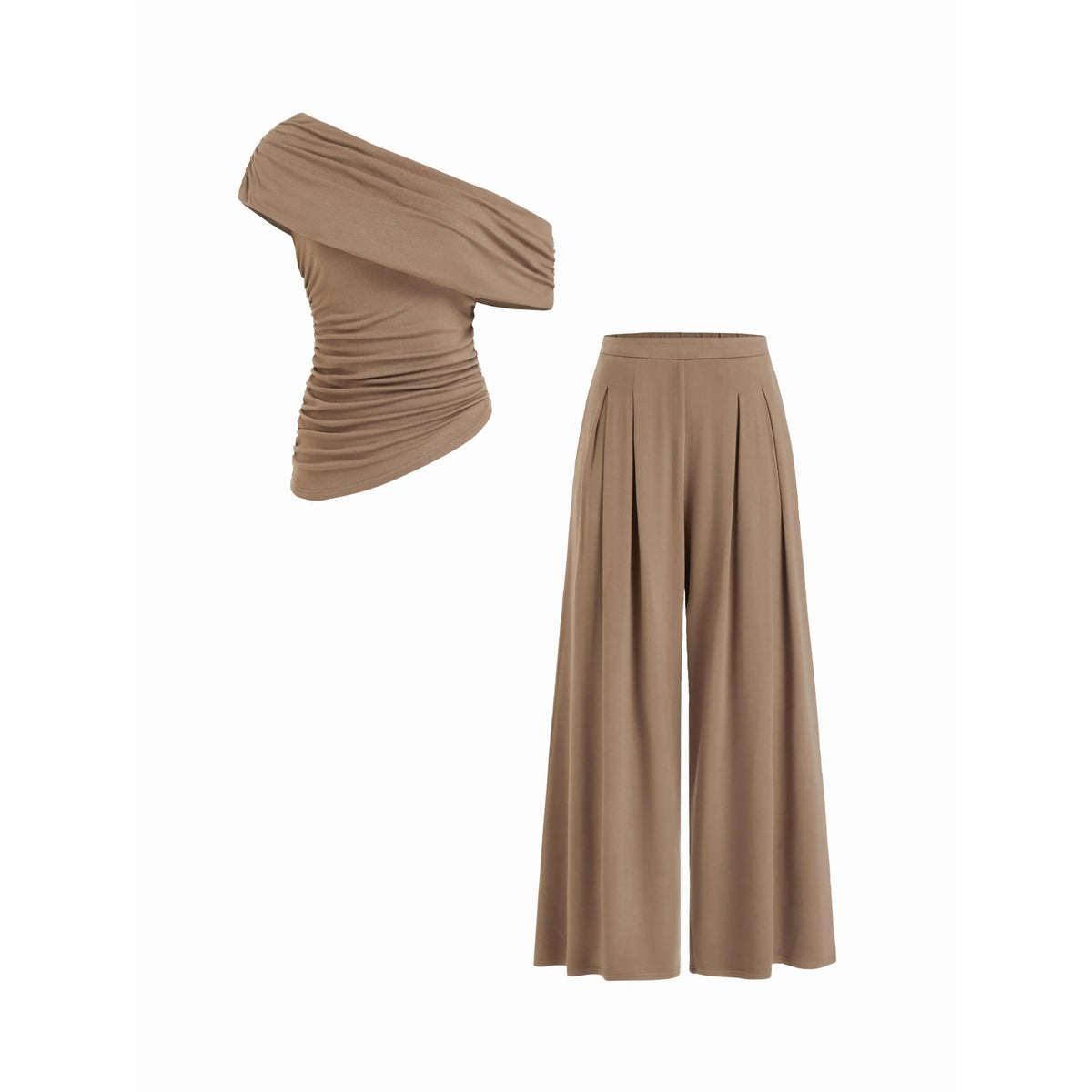 Cider 2-Piece Set Asymmetrical Neck Ruched Top & Mid Rise Wide Leg Draped Trousers Set
