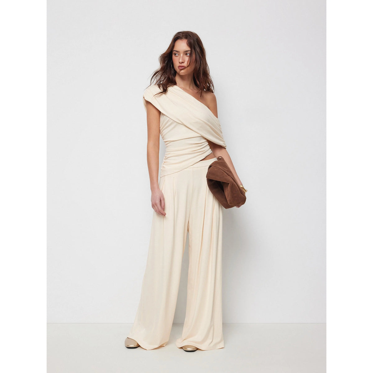 Cider 2-Piece Set Asymmetrical Neck Ruched Top & Mid Rise Wide Leg Draped Trousers Set