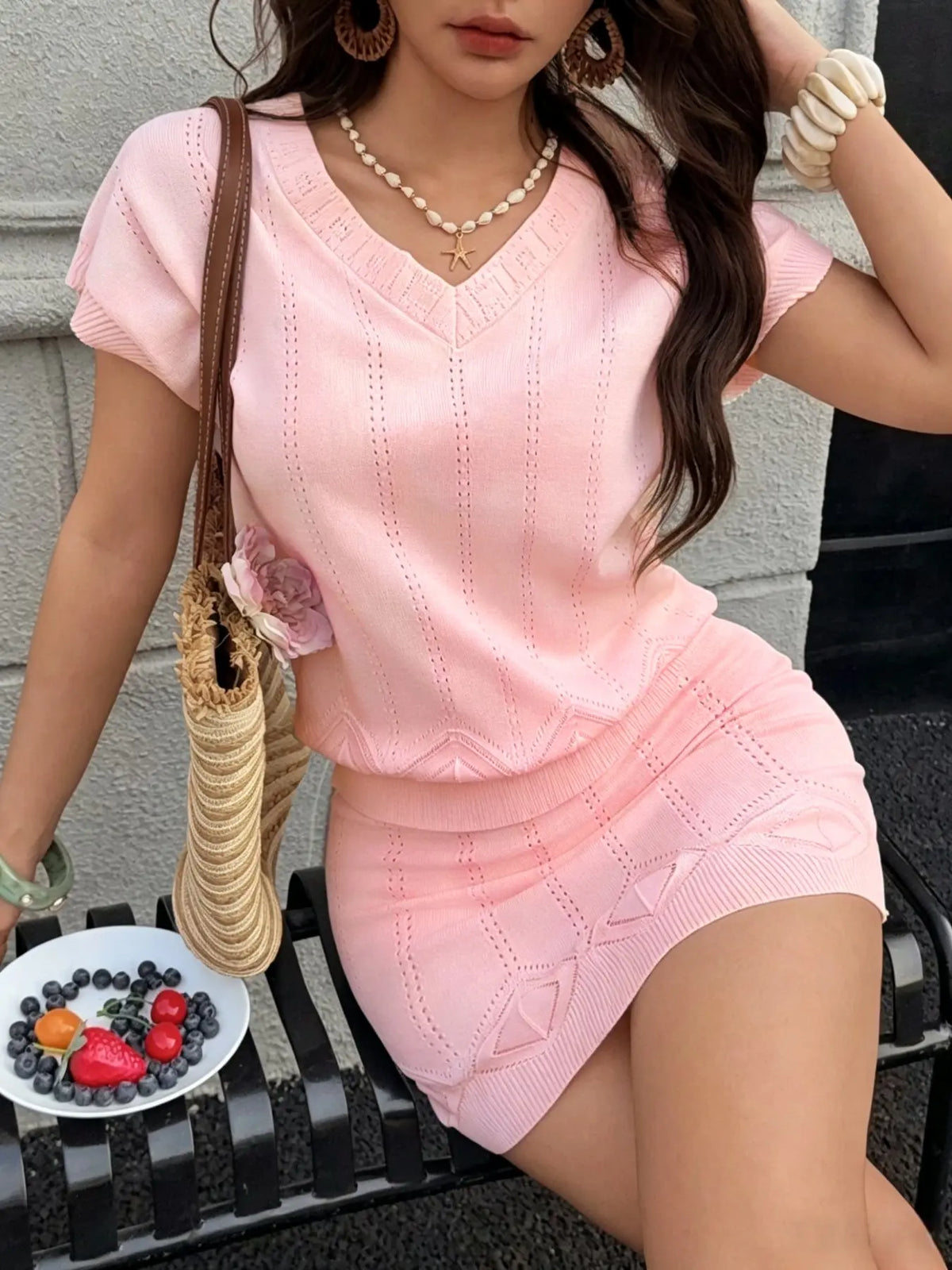 Two-Piece Women's Summer Clothes Set, V-Neck Hollow Out Cutout Top, Short A-Line Skirt, Slim Fit, Casual Elegant Chic Style, Knitwear for Vacation, Shortie Set